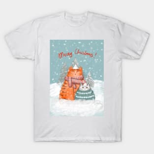 Merry Christmas greeting winter card with cute fluffy cats in red Santa hats and scarves. T-Shirt